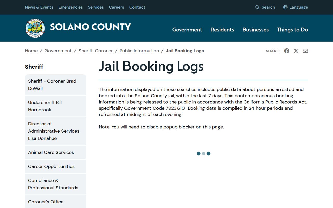 Vallejo public records access through Solano jail booking logs