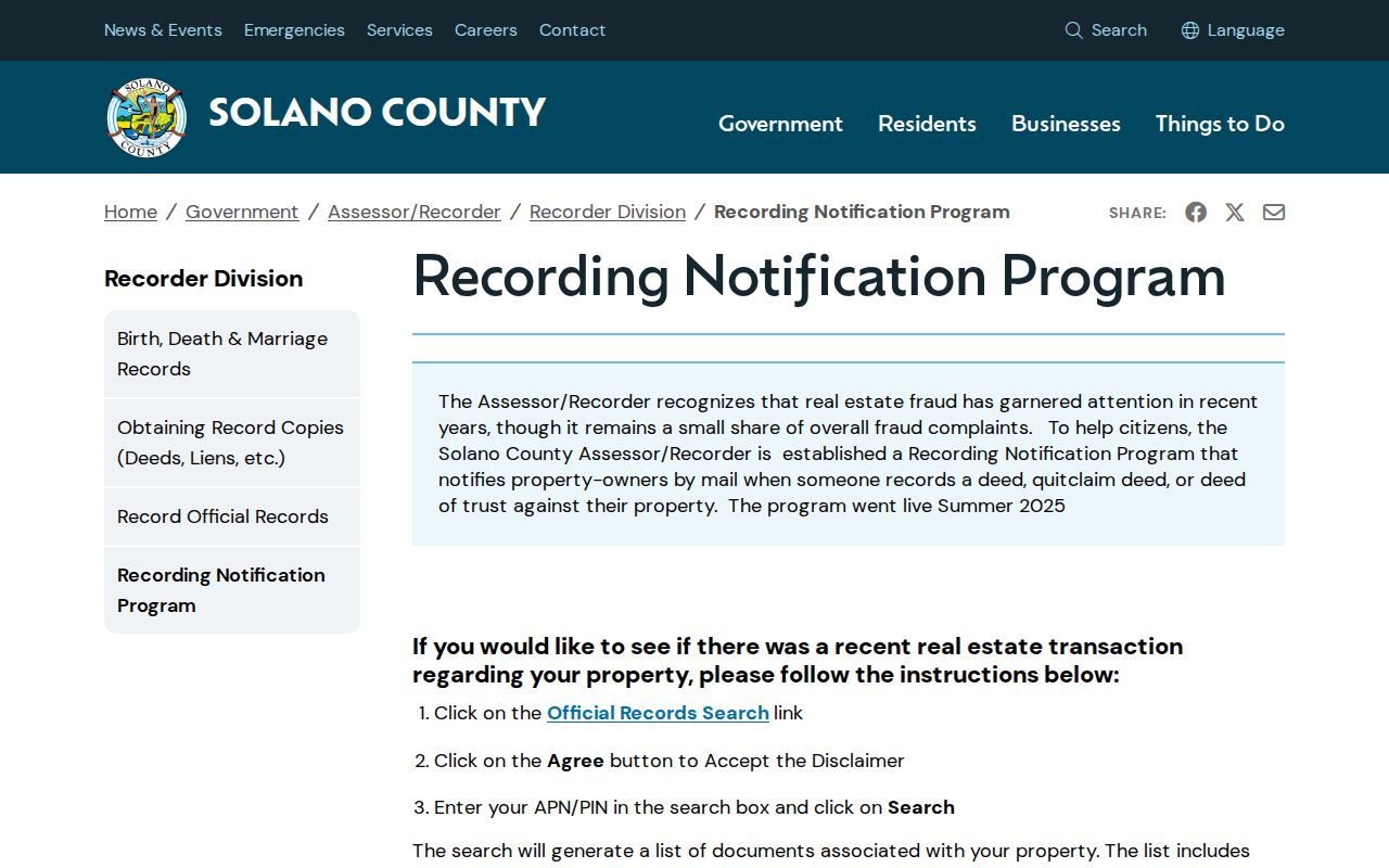 Vallejo public records and Solano property recording alert program