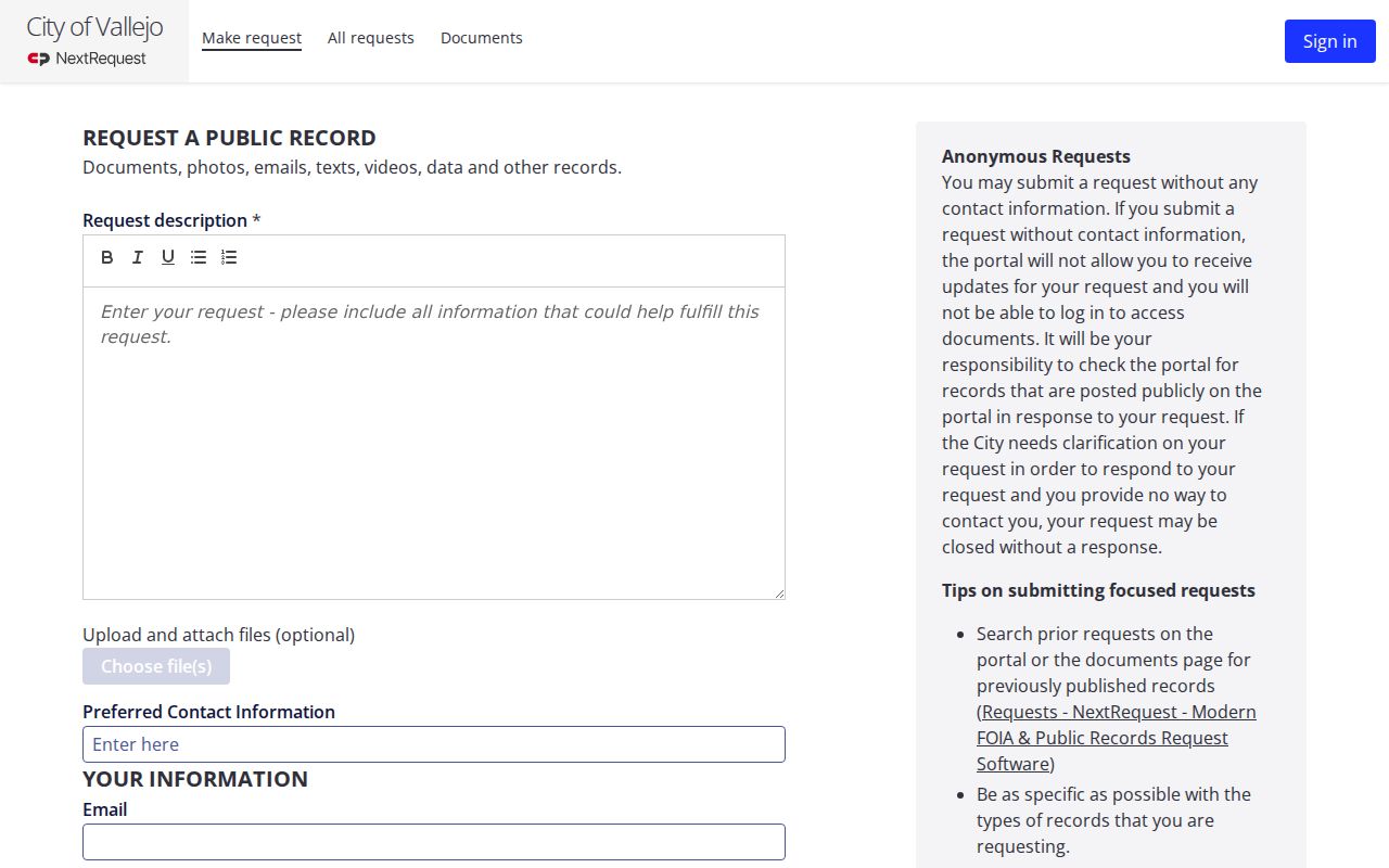 Vallejo public records request form in NextRequest