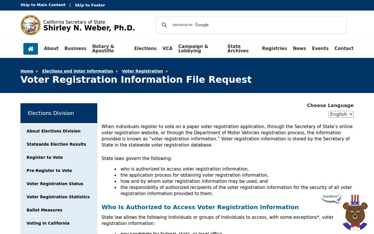 Vallejo voter records on the California voter file request page